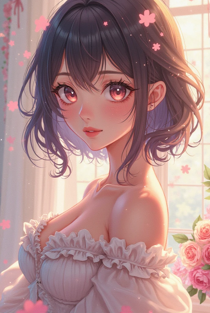 anime girl wearing short skirt revealing cleavage