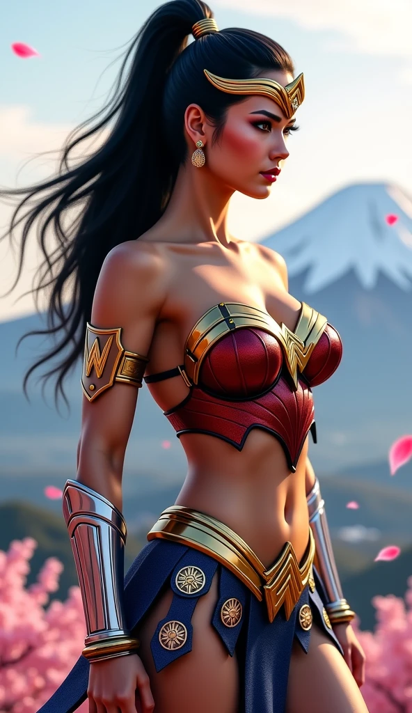 A closeup of wonder woman standing on a rock, extremely detailed artgerm, transparent comic artgerm, using blue and red alloy, (using, ((vaporous:1.2) (transparent:1.2) (white: 0.6) (chiffon) (crop top) grasped (wet: 1.4) skin ): 1.2))),
