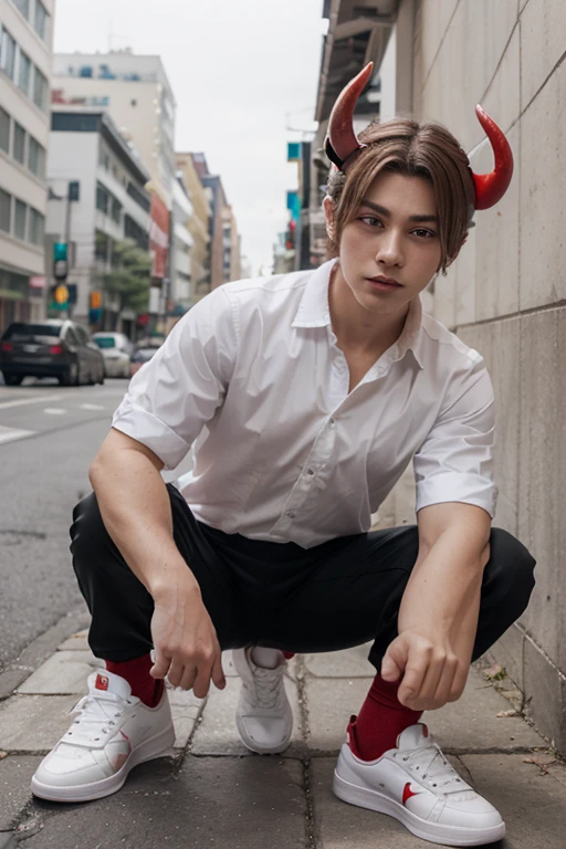 cat-boy, toned, sharp big wolf ears, wolf tail, big black messy hair, extremely vibrant red eyes, HD, masterpiece, vibrant, black converse shoes, slim dark black hoodie, full body view, neutral face, black thigh socks, combat boots.