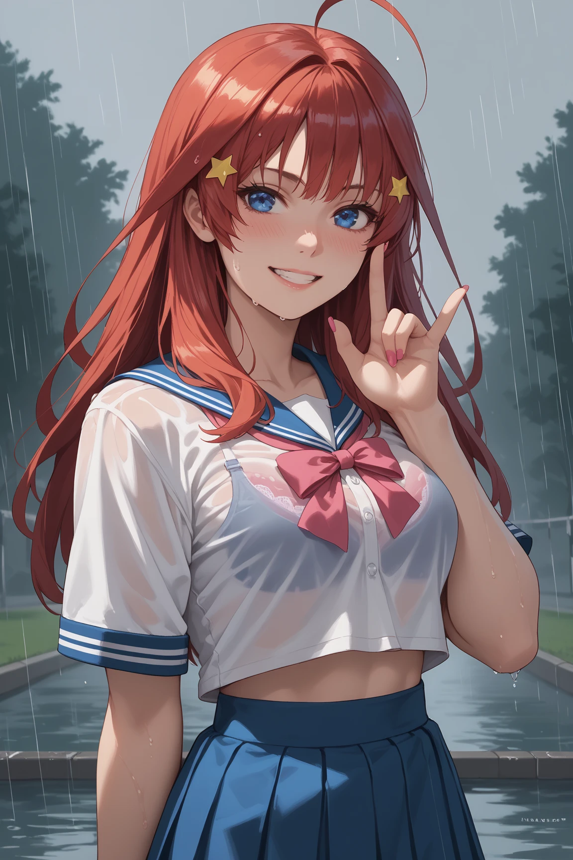 Beautiful anime girl. Orange hair. Sailor fuku uniform. Large breasts, unbuttoned shirt hanging off the shoulders. Short skirt. Raining. Downpour. Caught in the rain. Wet clothing. Wet skin. See through clothing. No bra. visible nipples. Schoolyard. school oval.