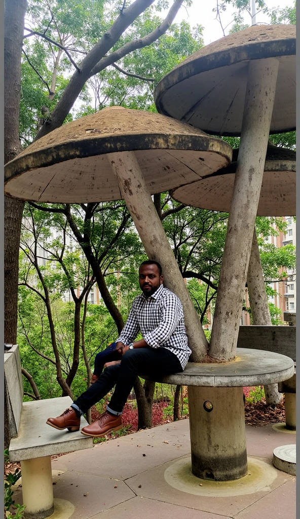 there is a man sitting on a bench in front of a sign, in front of a forest background, in forest, in front of an amazing forest, forest in the background, forrest in the background, in the forest, in forest jungle, sitting in the forrest, in a forest, in jungle forest, forrest in background, in jungle forest !!!, forest in background