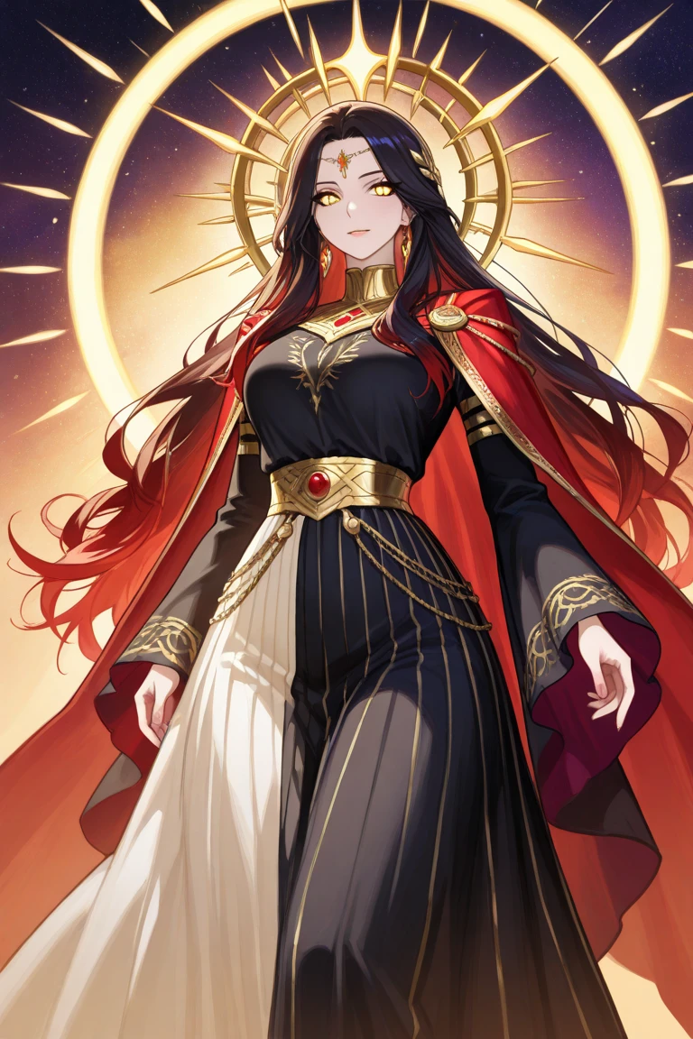 She wears a white jumpsuit with gold details based on one of Elvis iconic outfits and a red cape. Her hair is black with gold streaks. SPARKLE; GLITTER