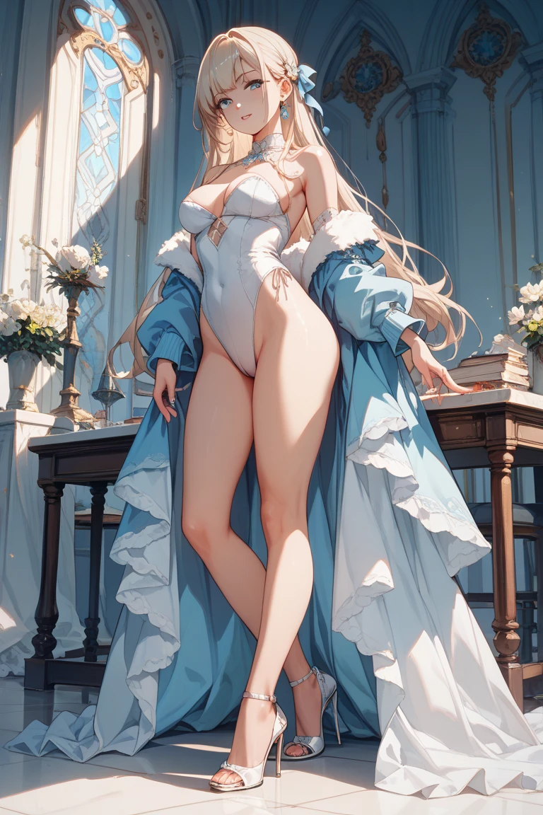 Short skinny girl, rosy magenta eyes, blonde hair, very small breasts, nude, oiled skin, super oily skin, shiny skin, bare breasts, bare torso, extremely long slender blonde ponytail that goes down to her ankles, very large purple bow bound to ponytail behind her head, bare feet, bare arms, completely nude, looking at viewer, melancholic, somber yet serene face, graceful, gentle, tranquil