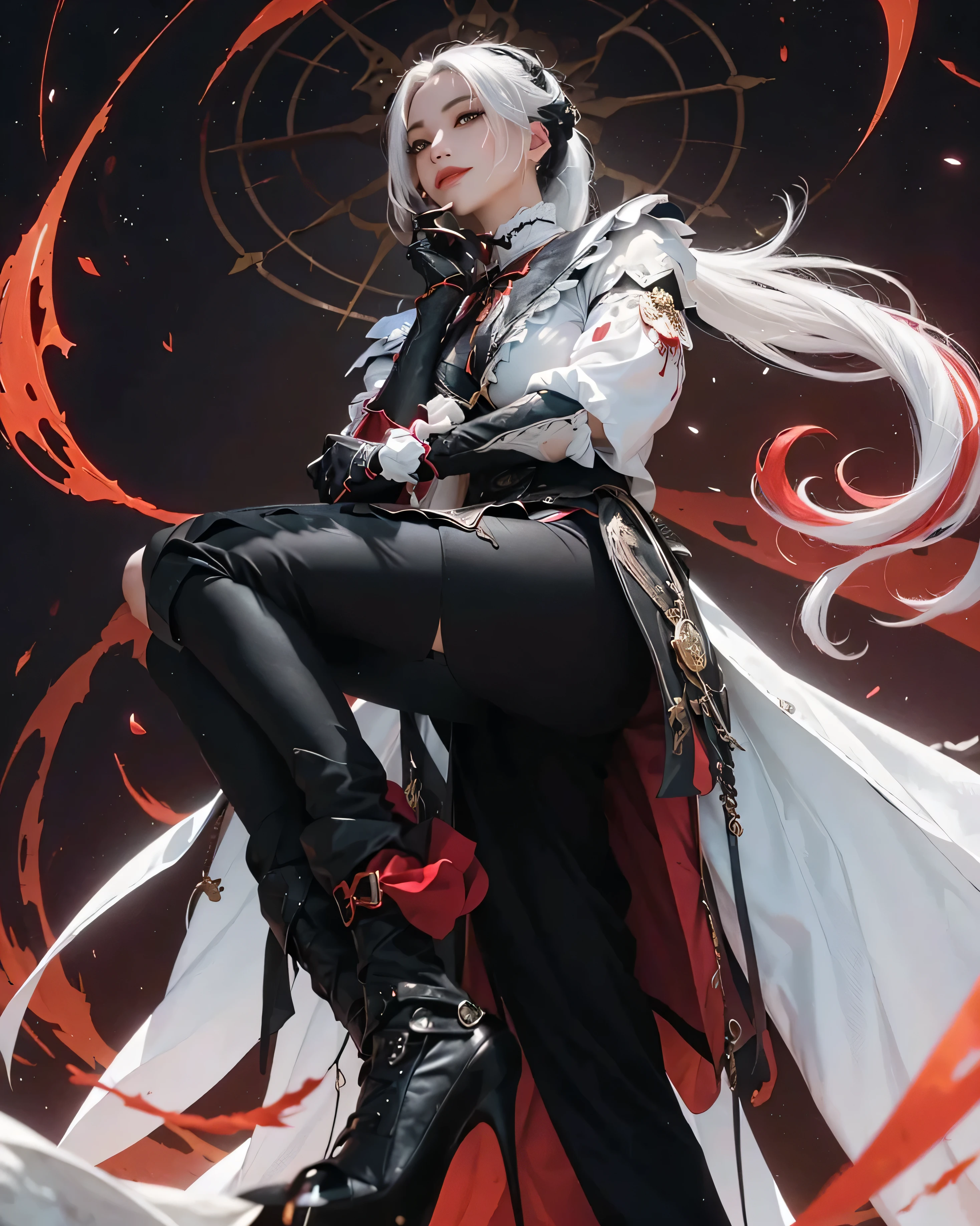 best quality, simple Details, 1 girl, Long hair, white hair, tousled hair, Rote Highlights, red eye, good eyes, neck ribbon, neon shirt, torn legwear, open jacket, simple background, full body,