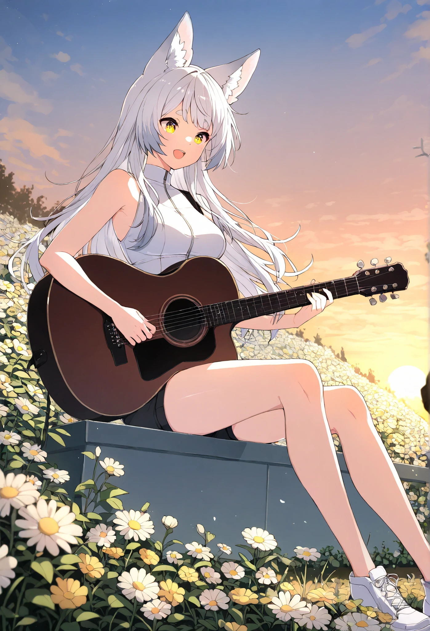 Fleeting,masterpiece ,Medium Breasts,girl,1 person, alone, 短いbungs,bungs,Round eyebrows, yellow eyes, silver hair ,ストレート long hair,long hair,wolf cut,gray fox ears, White Fox Ears,Gray gradation on the tips of the ears,full body, design in white that fits well yet is easy to move。The sophisticated white top,high neck leotard,shorts,waist,Do you know futuristic white clothes,sleeveless,Futuristic,sitting,Singing with Acoustic Guitar,guitar,evening,Sunset,countryside,In the flower garden,Surrounded by flowers,