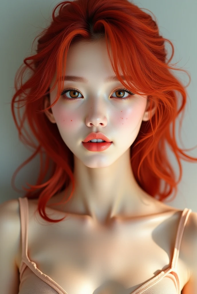 1 blonde woman photographed from the front in a selfie style looking at the camera, her skin is white, her eyes are green, her lips are parted, her hair is red and long with a small part of it over her face, realistic and detailed face, beautiful woman, , detailed face, Art work, 1 young style, Beautiful ultra detailed and realistic 8k model, long hair, She wears a short white blouse, medium t-shirt, sexually, photorealistic.1girl
solo
long hair
looking at the viewer
red hair
shirt
white shirt
upper body
parted lips
lips
realistic
red lips
INFO