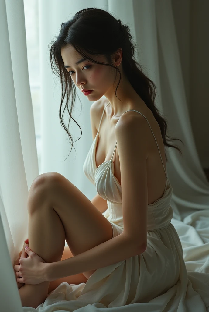 (Photorealistic),(Masterpiece),(ultra-detailed),a very pretty 20 year old girl who has not eaten for 10 years, extremely thin and frail, arm and legs extremely thin as a stick with no fat, extremely malnourished,smiling faintly, feeling but enduring extreme hunger, wearing a long and loose white silk dress, long hair,big eyes, extremely small face,have no fat,extremely weak,whole body,extremely feeble,sitting,legs and thighs extremely thin as arms,have almost no energy because she is extremely starving and malnourished, struggling to sit up,verge of starving to death