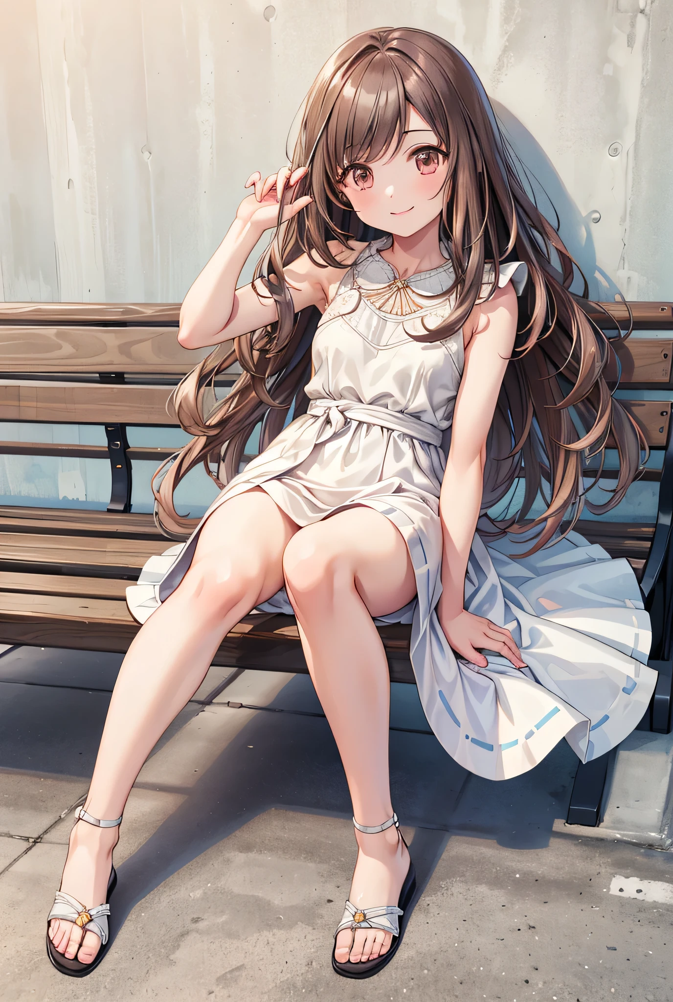 1 Girl, solo, high resolution , long hair, ((big on the floor)), Appearance, smile, brown eyes , brown hair, On Italian Streets, high resolution , masterpiece, accurate, anatomically correct, 最high quality of wavy lines, details, 高い details, high resolutionモデル, high quality of wavy lines, very detailsed, textured skin, is extremely fine, White Dress One Piece, sandals, Walk happily, full body, sit on the bench, spring, (((((Two Legs))))), Emphasize the upper body, ,