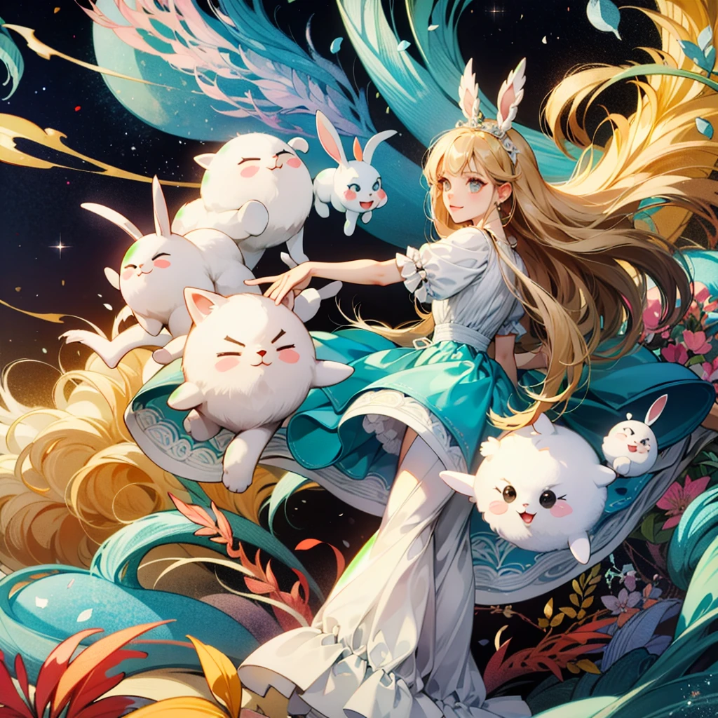 ((Best quality, obra-prima, absurdos,  super-resolution )), chibi, garota, Alice, long hair, dourados, kind eyes, cristalinos, vintage clothes, vestido, detalhado, High Quality, Abstract world, fantasia, White rabbits , pequenos, Wonderland, drinking tea, vivid colors, detalhado, maravilhoso, fantasia.