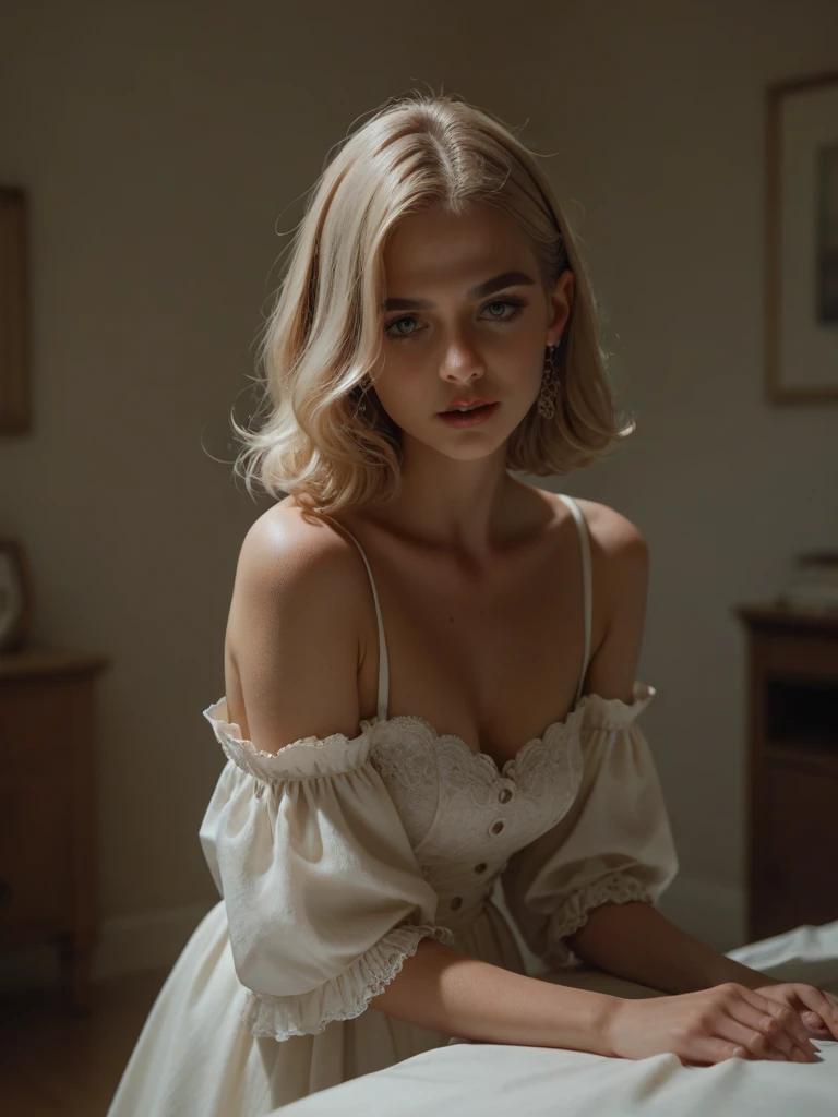 1 delicate woman, sits in interior medieval rural peasant shack, (old dark room is filled with medieval furnishings, items), she's contemporary blond beauty, ((she's wearing pristine clean white satin dress with heels:1.5) interior shack is dusty and peasant lived, old pottery and cooking stove utensils, realistic photo, (38% of photo is black in drawing:1.4), (everything is grimy, dirt, soiled, except woman:0.9), (woman is only clean thing:1.4) , she is confused, (early sunrise light:1.1), (Rembrandt lighting:0.9) ,(relaxed intimate photoshoot), beautiful face, (her hair is blonde and worn updo, french twist,)slight smile, intense presence, (perfect posture:1.4), cozy relaxed, catching us, beautiful hands, kind eyes, gorgeous soft warm lighting:1.4,, incredible details, ((high contrast)), (deep, darkest shadows), (shadow details:1.0), ((taken using Leica camera, aperture: f/2.3)) , hyper-realistic skin, pores, scar, mole, (shack is gritty and dusty, she's clean and pretty), healthy skin,, her arms relaxed, relaxed moment, she's in dark with natural light glow, (romantic light:1.2), radiant skin, perfectly framed face, perfect relaxed hands, perfect fingers, (perfect portrait, incredible eyes:1.1), a work of art, beautiful composition, golden ratio, contrast, masculine and feminine, old and new, inspiring, (highest quality fabric texture), every detail,Fine facial features – (Highest Quality) ,Leica camera film, High quality ○○ detailed – ○○ details ultra detailed(Ultra-fine ), Photorealistic, Extremely detailed(Extremely detailed) , (highest detail image, lens flare, realistic)○○ res – ○○ resolution ultra high res(A high resolution),playful relaxed photos