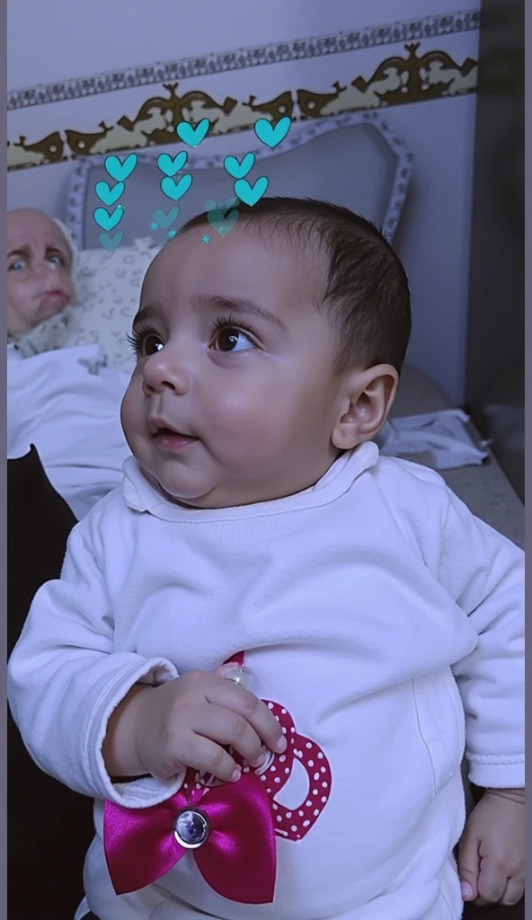 a close up of a baby boy wearing a black shirt with a star, foto de perfilture, Abuela, futuro, foto de perfil, granulado fotorrealista, retrato de alta calidad, Foto de perfil, muy granulado, portait photo foto de perfilture, foto de Snapchat, imagen granulada, granulado de baja calidad, imagen de perfil, grainy images, calidad granulada, added detail