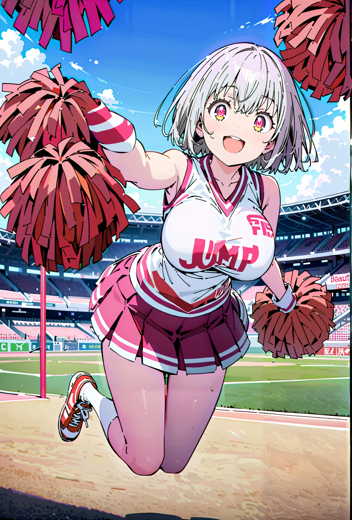 Red root heart ,solo, light purple hair, pink eyes, Glowing Skin,short hair,Big Breasts,smile,cover,opens her mouth,(Cheerleading), (full body), on chest, (sweated), sweated Wet Clothes, (white clothes),sleeveless, pleated skirt,White socks,sneakers with a ladyback letter, stomach button support , playground, (jump), (jump), 両足を曲げてjumpする,, blue sky, Compa,cheerleader, Pom-pom \(Cheerleading\) real hair ornaments,break outdoors,Stadium,
break looking at viewer,full body,
break (masterpiece:1.2), Top Quality, high resolution, Unity 8k 壁紙, (illustrations:0.8), (beautiful detailed eyes:1.6), very detailed face, so that it fits into the illustration, extremely detailed CG, full body写真,(perfect hand, perfect anatomy),