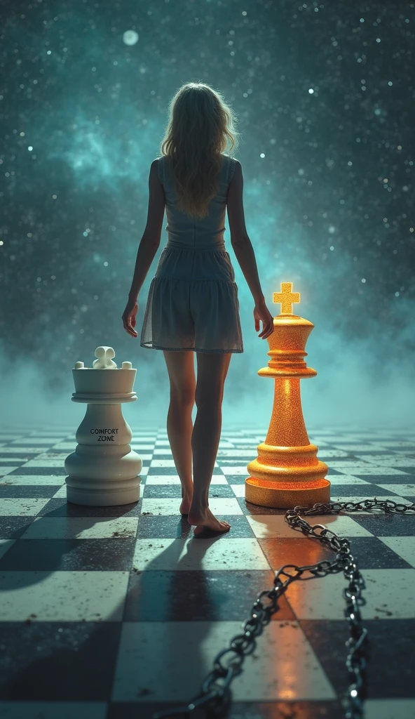 Aerial view, giant chess pieces statue, sci-fi outdoor maze background. Matrix style, at night, dark sky. (1girl, solo), photo realistic, large-breast:1.2 slim:0.9 body, cleavage:1.2, tube top, miniskirt, (matrix style black sunglasses), (holding a mini:1.1 stun gun), half-body thigh level medium shot, cinematic lighting, ray tracing.
