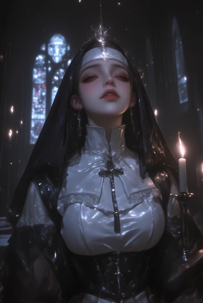 a sexy nun, detailed face, long eyelashes, beautiful lips, nun outfit, veil, cross necklace, standing in a dark church interior, dramatic lighting, cinematic composition, dark moody colors, gothic atmosphere, (best quality,4k,8k,highres,masterpiece:1.2),ultra-detailed,(realistic,photorealistic,photo-realistic:1.37)