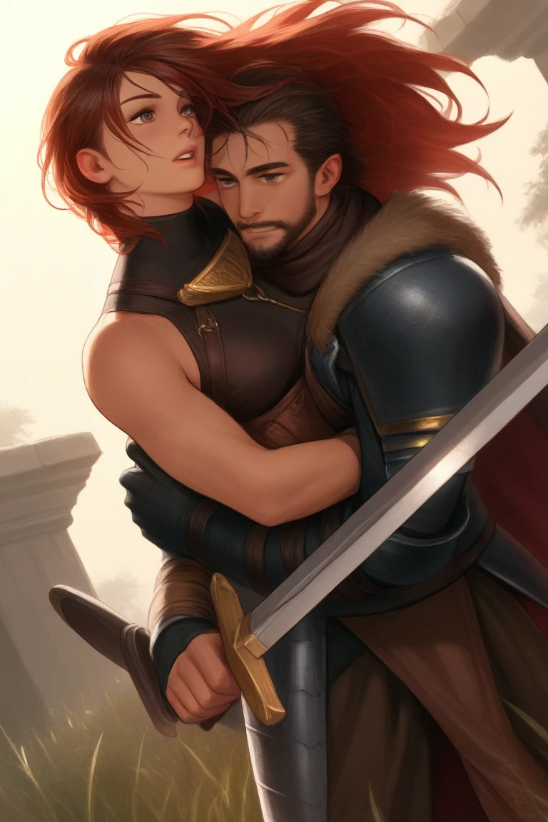 (Masterpiece, highly detailed, highly quality,  highly resolutions), fantasy alley, Boy and girl kissing, hug, kiss (pov on side) {{1boy, 20 years old boy, mage, shirtless boy, muscle, Sleeves, cape, shoulder pads, Blonde hairs}}, {{1girl, 20-year-old girl, crop top, navel, fox ears, red hair, Armor Shoulder pads, sexy}}, The boy is making out on a girl, girl seducing the boy,