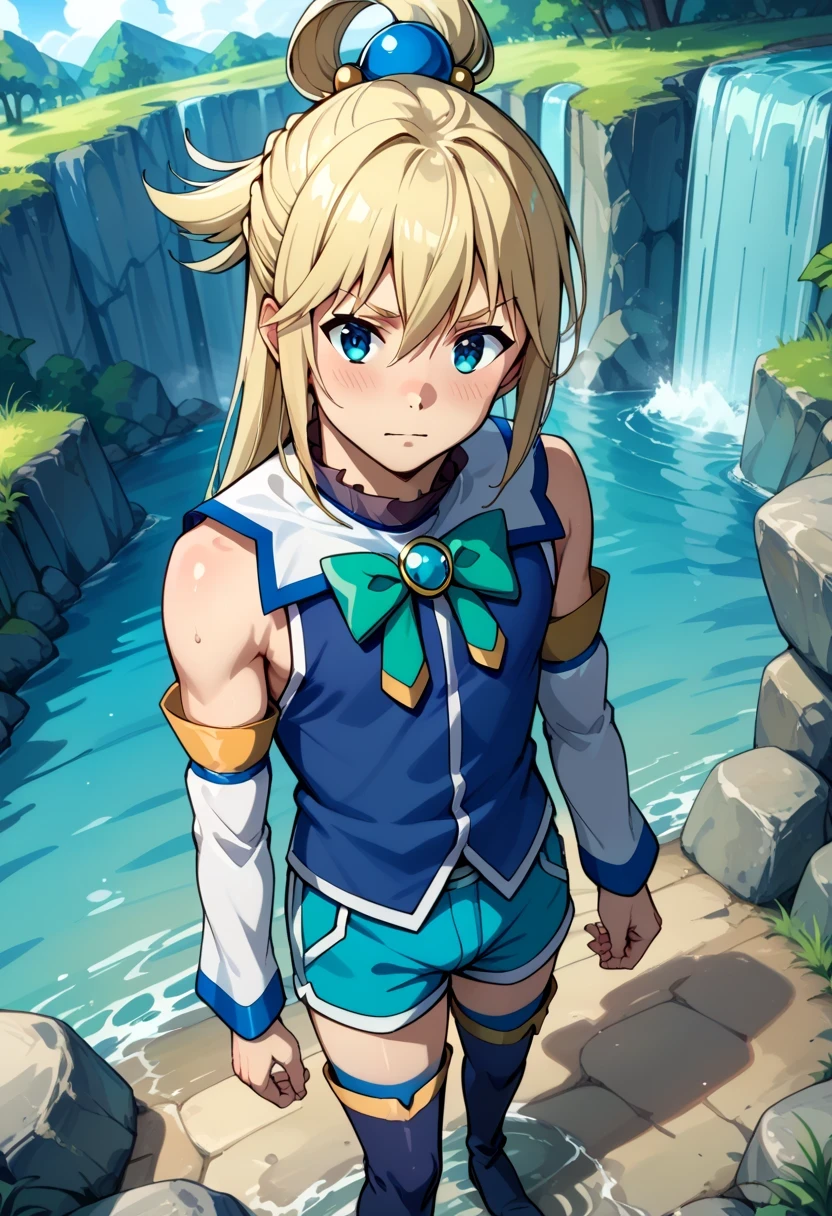 score 9 、score 8 up、score 7 up、source anime、masterpiece、Top Quality、high resolution、1boy、konosuba、aqua /(konosuba/)、I'm conceited、 male focus、solo、(male:1.45)、(male body:1.45)、Blue Hair、long hair、blue eyes、Hair ornamemt 、hair rings、blue shirt、green bow、beautiful boy、cute boy、white thighhighs、blue knee boots、white detached sleeves、blue shorts、blue miniskirt from above poat、aqua (konosuba)、genderswap (female to male)、cowboy shot、looking at viewer、dutch angle、water、Outdoors、river、rock、waterfall、are closing their mouths、