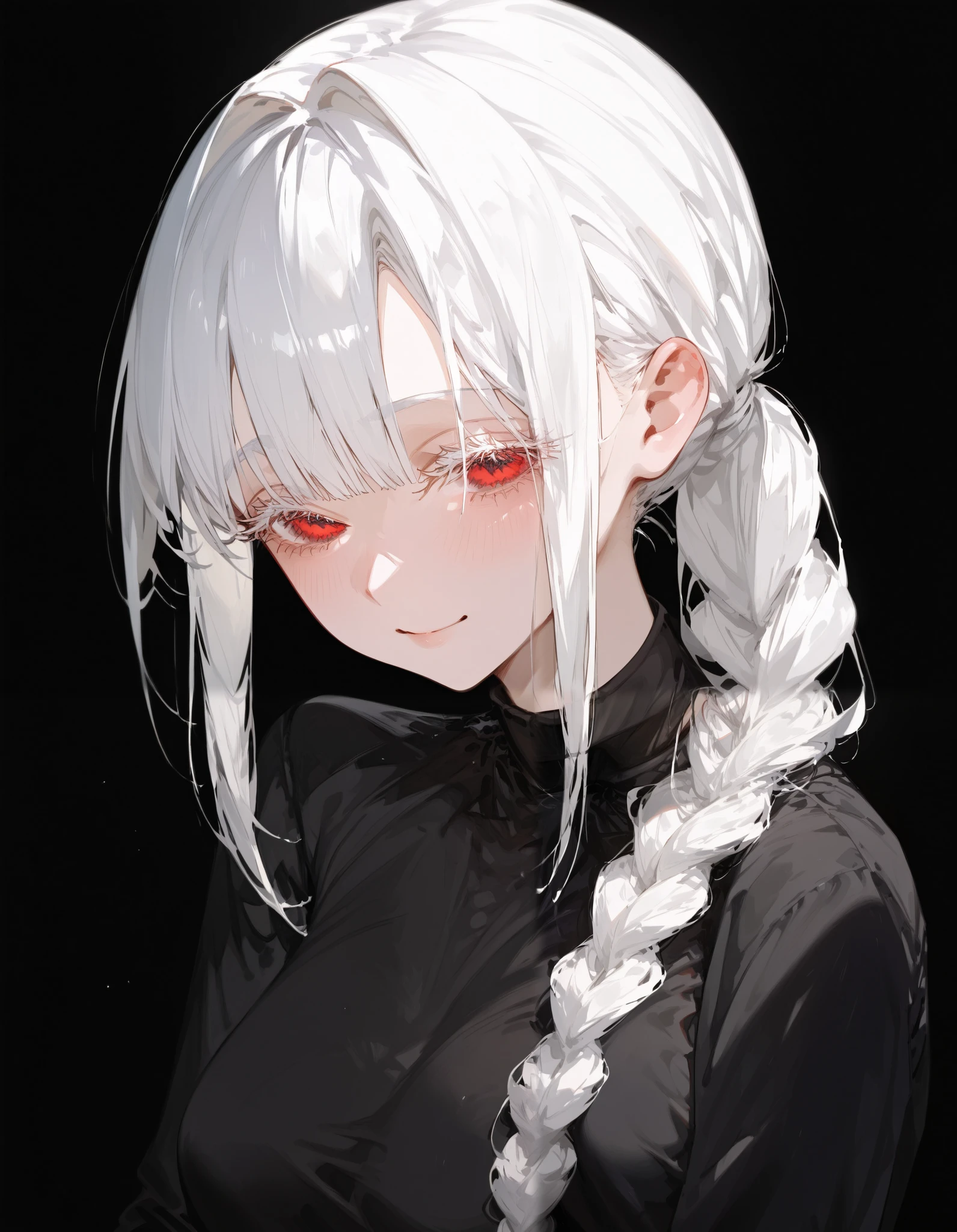 girl, white hair,in red eyes,White hair, ponytail,Black Long Sleeve Shirt,medium breasts,black background,Body Shape,slim,pigtail,I braided my hair,Long eyelashes,Shy,black flower adorning hair,smile,milf,in the naked eye