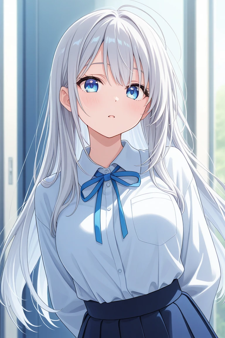 cute girl, anime, silver hair, straight hair, Blue eyes, cowboy shot, (orgasm:1.1), (young:1.4), dark blue skirt, white camisole, small bust, school uniform, (sheer bra:0.8), (cute:1.1), blue hair ribbon, strongest wind, (ローアングル:1.2), school room