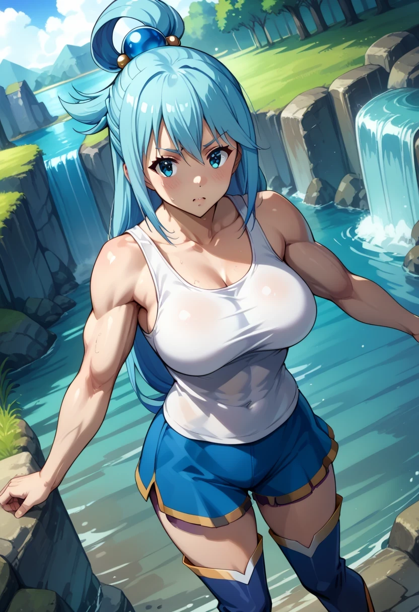 score 9 、score 8 up、score 7 up、source anime、masterpiece、Top Quality、high resolution、1girl、konosuba、aqua /(konosuba/)、I'm conceited、woman's focus、solo、Blue Hair、long hair、blue eyes、Hair ornamemt 、hair rings、(Pure white tank top:1.5)、deltoids、anterior deltoids、middle deltoids、posterior deltoids、biceps、biceps longhead、biceps shorthead、triceps、triceps medialhead、triceps lateralhead、triceps longhead、brachioradialis 、coveredthigh muscles、skin tight tank top、Big Breasts、very large breasts、 Huge Muscles、Strong muscles、muscular woman、white thighhighs、blue knee boots、Bare shoulders、Bare Arms、blue miniskirt from above poat、aqua (konosuba)、cowboy shot、looking at viewer、dutch angle、water、Outdoors、river、rock、waterfall、are closing their mouths、