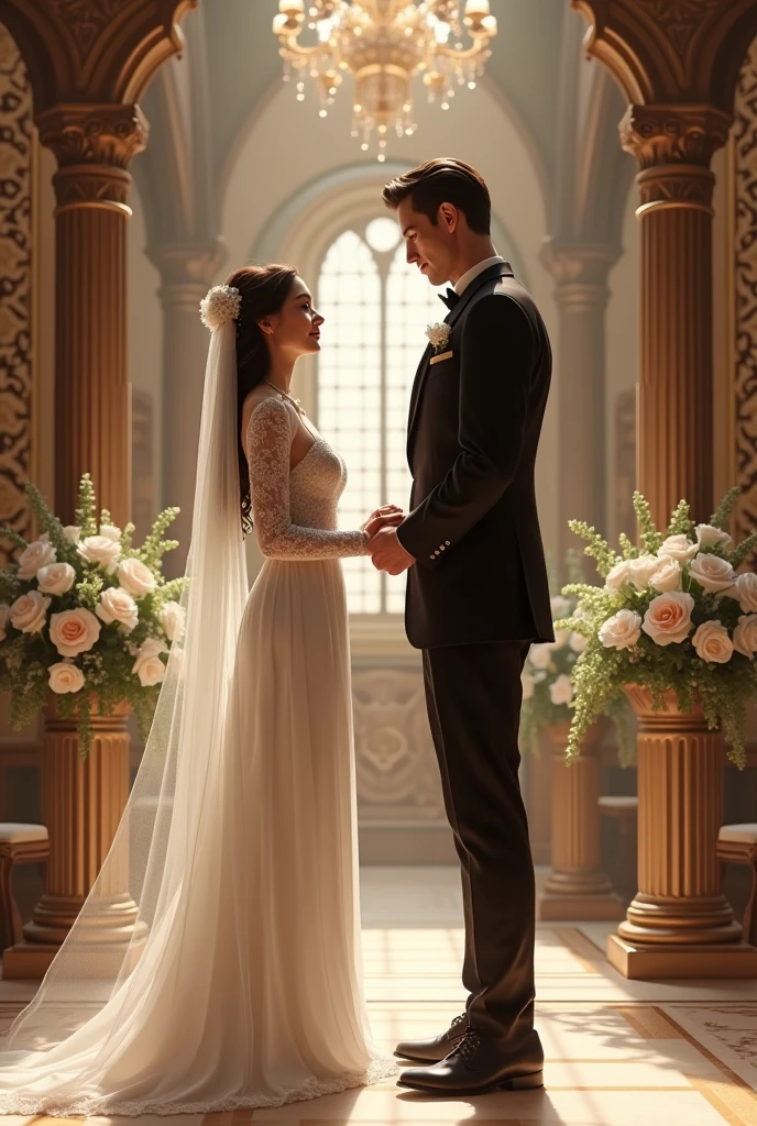 (ultra detailed, Best quality, A high resolution), whole body, dynamic angle,Smooth and dynamic,Cinematic,woman and man stand in the middle of a beautiful wedding venue, (masterpiece:1.4), An elaborate outfit, woman in long dress with lace details, man in tuxedo, custom made, their faces express joy and love, background decorated with bright flowers and romantic decorations, (A high resolution:1.4), The woman's shiny skin and the man's formal attire create a striking contrast.., atmosphere, filled with happiness and the promise of a lifetime of dedication. (BREAK) intimate moment, couple exchanges loving glances, Hands and arms carefully