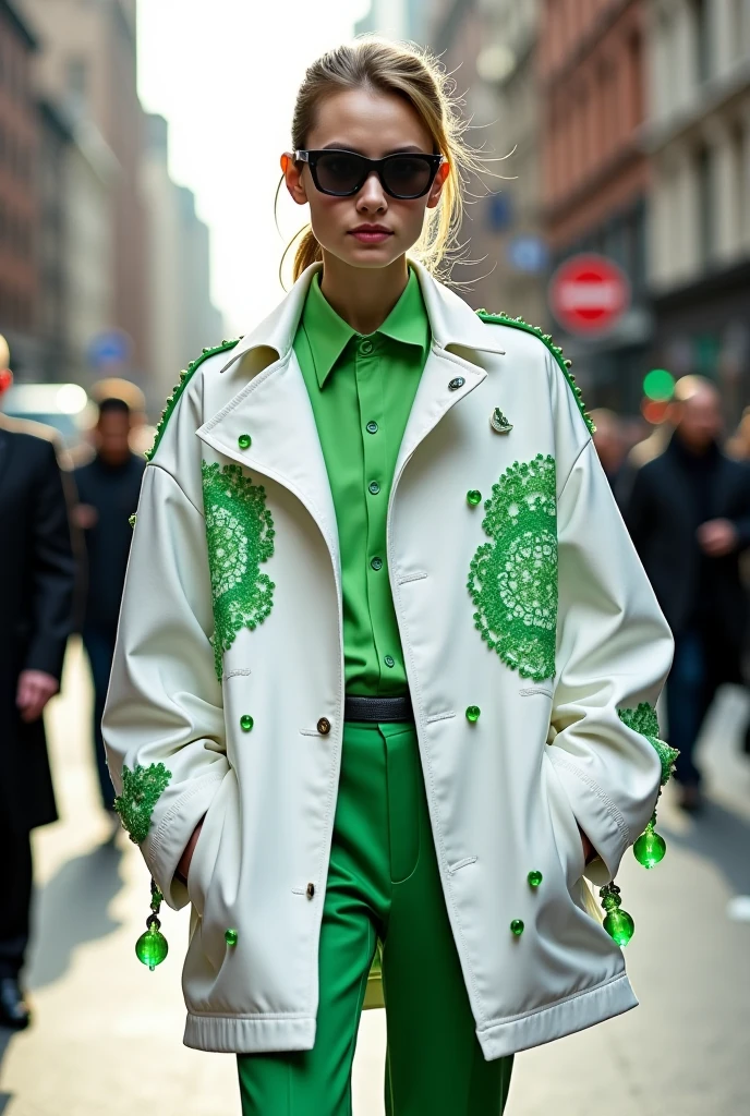 White oversized jacket with green prints and green beads