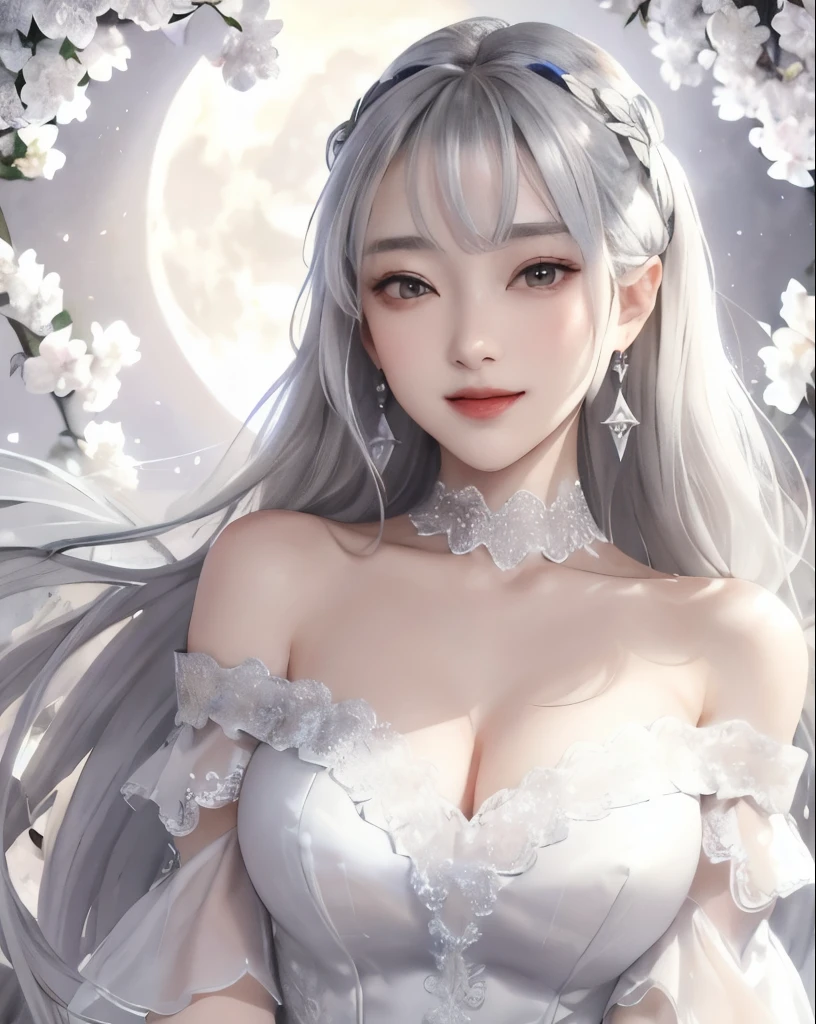 Women, red eyes, white long wavy hair, with white dress, wearing a flower decoration on his head, like a fallen angel. smile. mature women