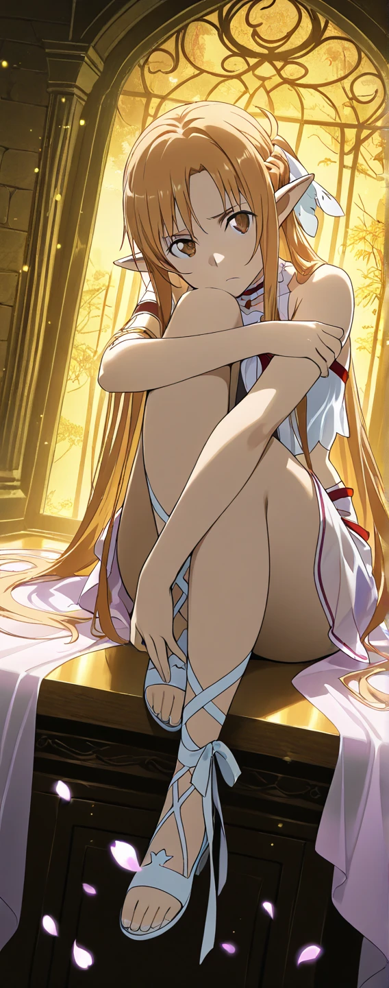 ((Highest quality)), ((masterpiece)), (detailed), (Perfect Face)、The woman smiles gently and looks expectantly at him as she spreads her legs wide open on the bed, seducing him by opening her pussy with her fingers.、The woman was a tiare with green eyes and medium-long blonde hair, and was wearing a luxurious, shiny, gold-colored, long-slit see-through dress with gorgeous embroidery and trim, which allowed her skin to show through, a gold-colored see-through cape, and a gold-colored see-through veil. She was wearing a gorgeous jeweled hair accessory, a jeweled head dress chain, a jeweled waist chain, a gorgeous necklace, bracelets, ankle bracelets, jeweled earrings, and shiny gold boots. She was also wearing an engagement ring.