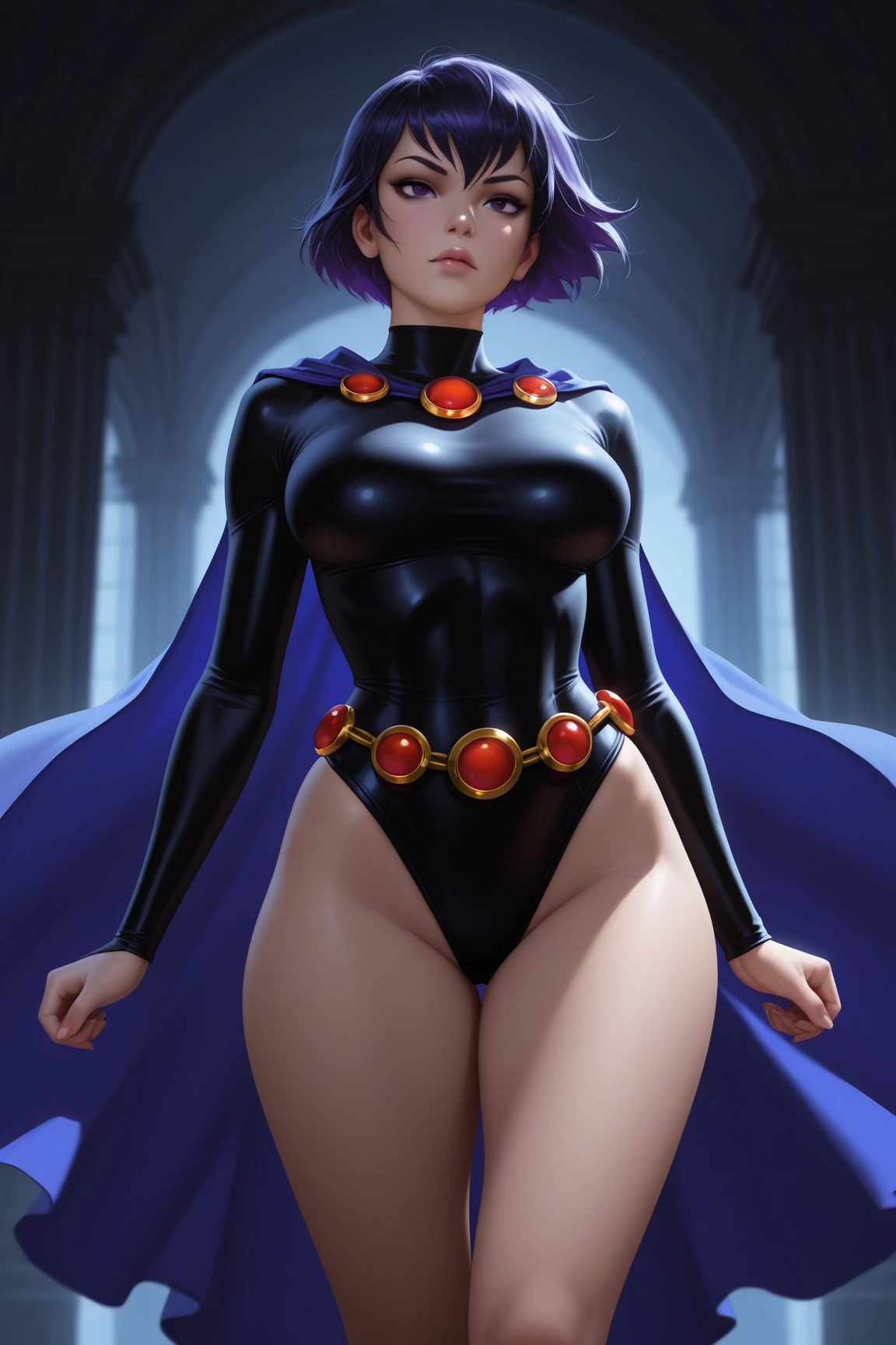 1girl, cowboy shot of rvn, hotraven, pale skin, black leotard, turtleneck, tights, cape, glowing eyes, gold belt, jewels, medallion, athletic, looking at viewer, night, dark forest, mist, fog, volumetric lighting, best quality, masterpiece, intricate details, tonemapping, sharp focus, hyper detailed, trending on Artstation, realistic  in sexy pose