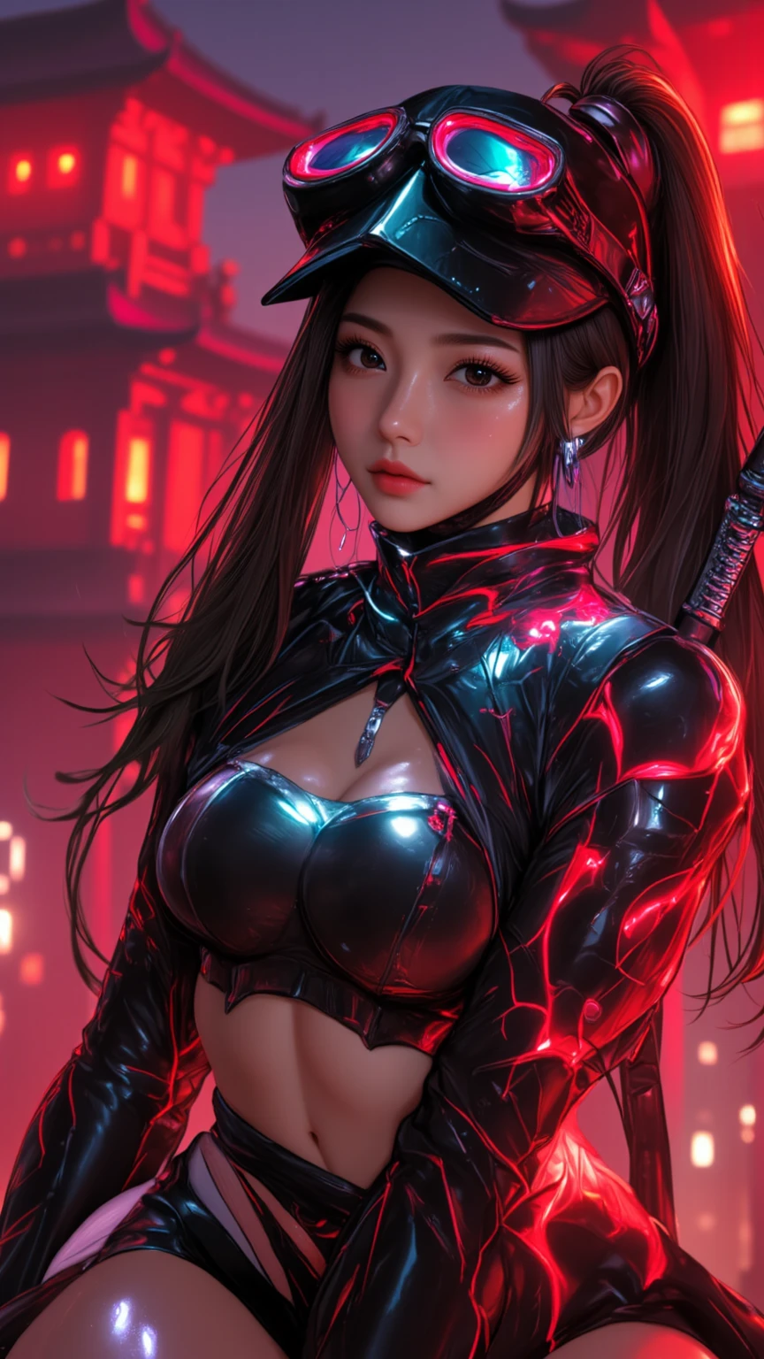 (1 Mechanical Girl)、top-quality、masterpiece、超A high resolution、(Photorealsitic:1.4)、Raw photo、女の子1人、Golden hair、glowy skin、(((1 Mechanical Girl)))、(Small LED)、((super realistic details))、portlate、globalillumination、Shadow、octan render、8K、ultrasharp、Colossal tits、Raw skin is exposed in cleavage、metals、Details of complex ornaments、Japan details、highly intricate detail、Realistic light、CGSoation Trends、Red Eyes、radiant eyes、Facing the camera、neon details、(Mechanical limbs)、(blood vessels connected to tubes)、Mechanical vertebrae attached to the back、mechanical cervical attaching to neck、(Wires and cables connecting to the head)、Gundam、Small LED、,Mechanical thighs、Toostock、
