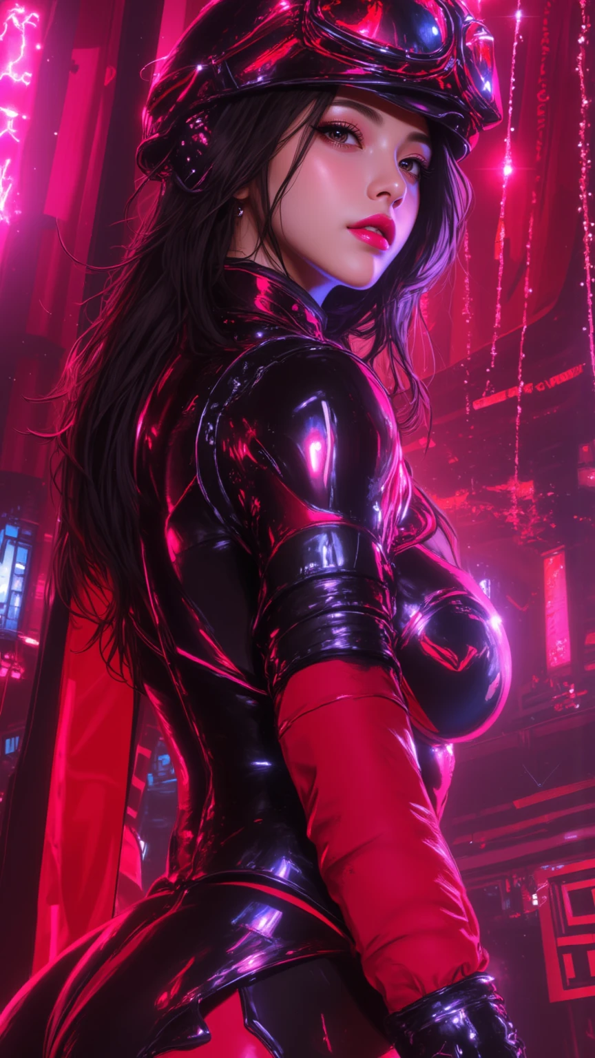 high resolution,8k,1女の子のDetailed, Cyberpunk Costume,Only black clothing,The costume is shiny,Shiny red long hair,Crouching,8k,Detailed目,8k, Detailed,Background is white