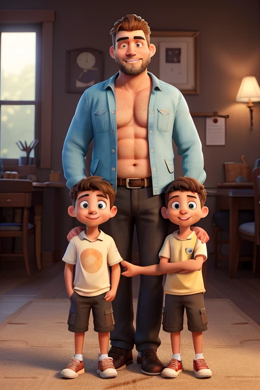 Handsome man with young boy, muscular, naked, in locker room, naked two boys.