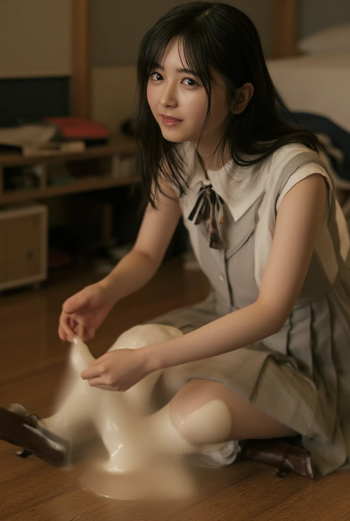 Shoeshine girl,A smile,{{Best Quality}}, {{super detailed}},One girl,Downturned eyes,G Cup Breasts,drooping eyes ,Cute girl with black bob cut hairstyle and white marble glowing skin,11 years old,Cute Girl,Oval face shape ,slender,The whole body got wet,Hair got wet,bloodshot eyes,a sultry,Detailed portrait of the perfect lovely girl, slim, Face , Futuristic , Teen, kwak ji young, Dreamy, Black eyes, Cinematic lighting, Innocent, Highly detailed, Sharp Focus, Smooth, art  stations, Convoluted,Ballet dancer ,awardwinning, Pure aura, Anime, Highly detailed CG Unity 8k wallpaper of girl with perfect symmetrical confident face with black mid-cut hairstyle and blushing cheeks , taken by Canon EOS, Sigma Art Lens 28mm f4, ISO 200 Shutter Speed 2000