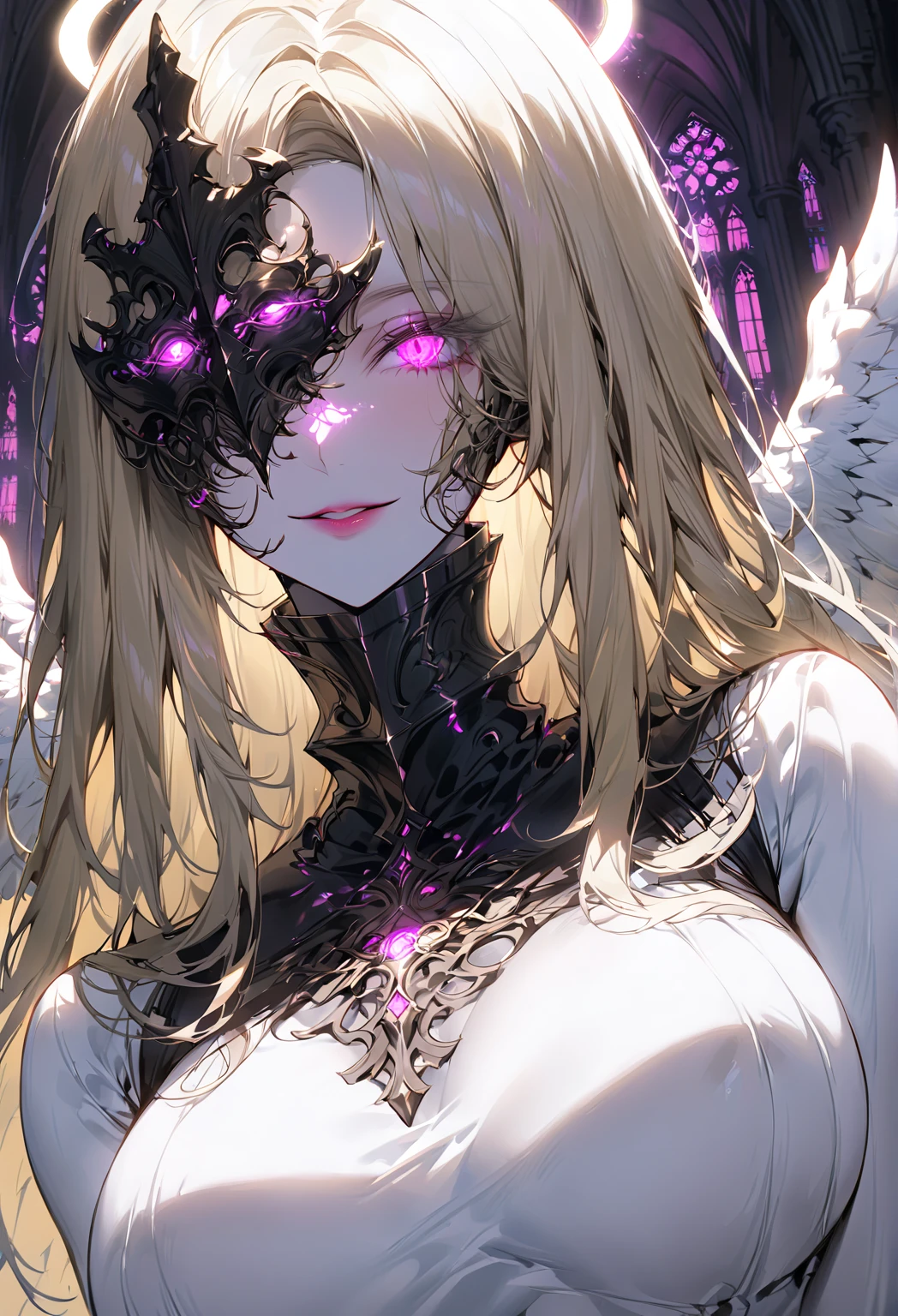 solo, female, huge woman, long silky blonde hair, iron mask over eyes, smile, white wings, large breasts, angel, pale skin, glowing halo, glowing hair, cathedral, tall woman, close up, pink lips, parted lips