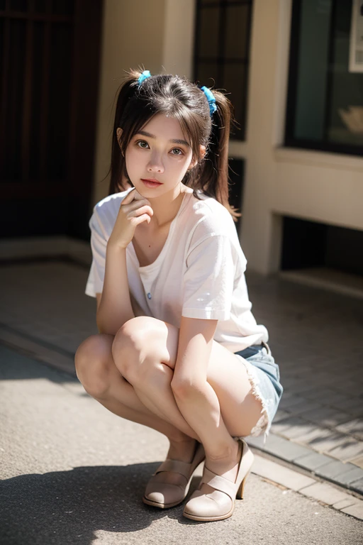 （1girll:1.0），(8K, Best quality, tmasterpiece),ultra - detailed, adolable, 独奏, cute Japan woman,brown  hair,By bangs, long whitr hair, pony tails,Beautiful and delicate eyes,Eyes speak， Moisturizes skin，protrusions，dynamicposes，protrusions，Squat，，profesional lighting，photon maping，Radio City，physically-based renderingt，cinmatic lighting，Athletics field,depth of fields,Clear focus,rays of sunshine,well-composed,(Bokeh:1.2) ，(full bodyesbian),(Keep your mouth shut),美丽细致的眼睛,lewd poses,a narrow waist,Brownish-yellow hair，messy  hair,Long hair flutters in the wind，