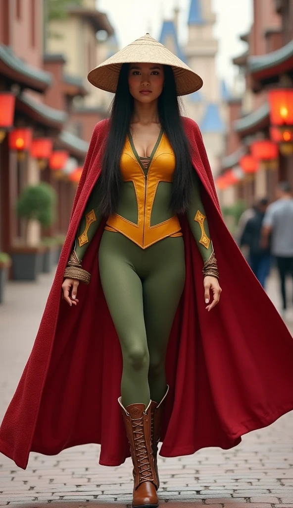 Arabic Woman in jungle, muslim, hijab, curvy body , wearing jumpsuit pajamas, beautiful woman, very detail ,pawg, long legs ,thick high, full body in camera, pawg, wearing strap wedges