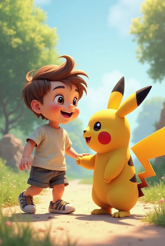 Smiling 5 year old boy short light brown hair from the sides and big on top, pikachu, ash, charizard, gengar, dragonite