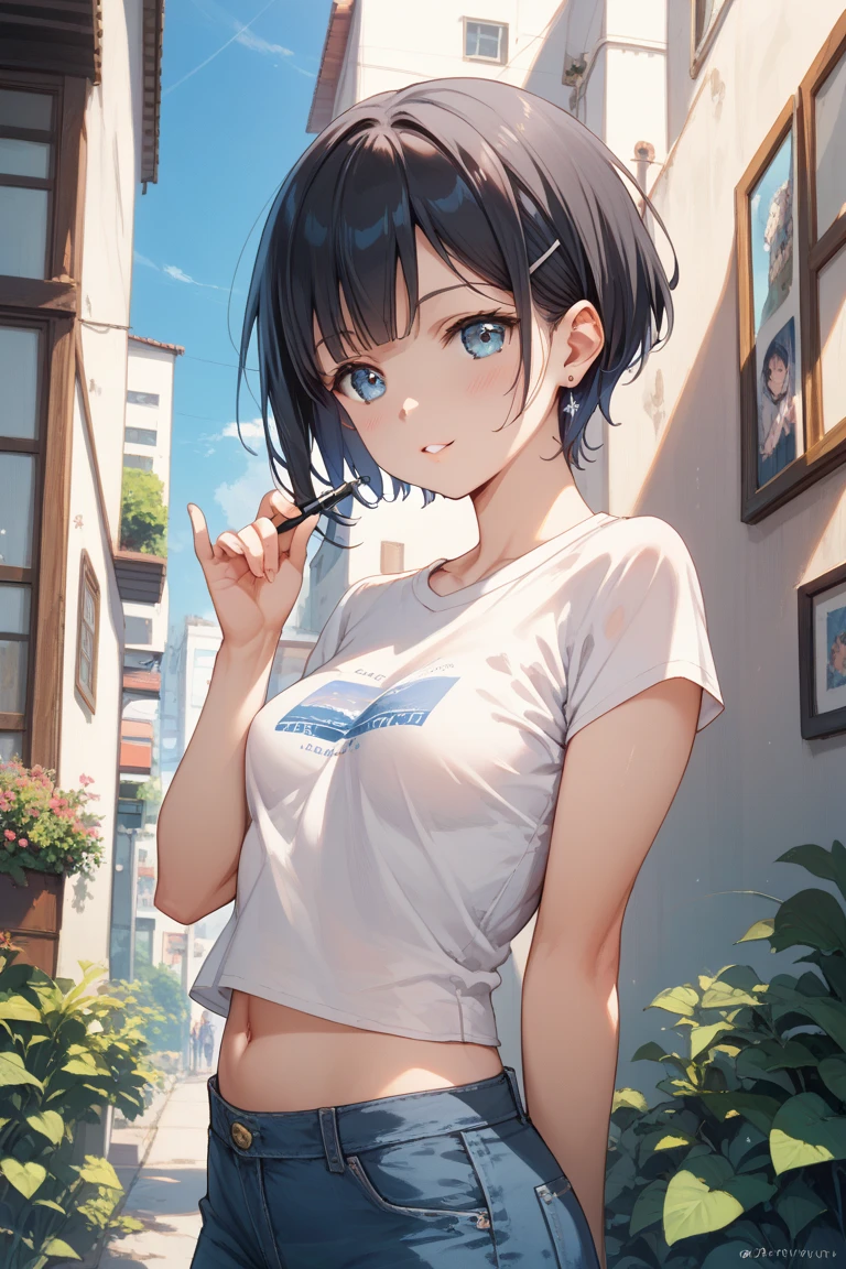 (masterpiece、Highest quality、Very detailed))、One girl、Black Hair、bob cut、side ponytail、Grey Eyes、evil smile、((Small breasts))、((white camisole))、((denim pencilskirt))、((Cowboy Shot、((bent over))、arms behind back、Alley Background