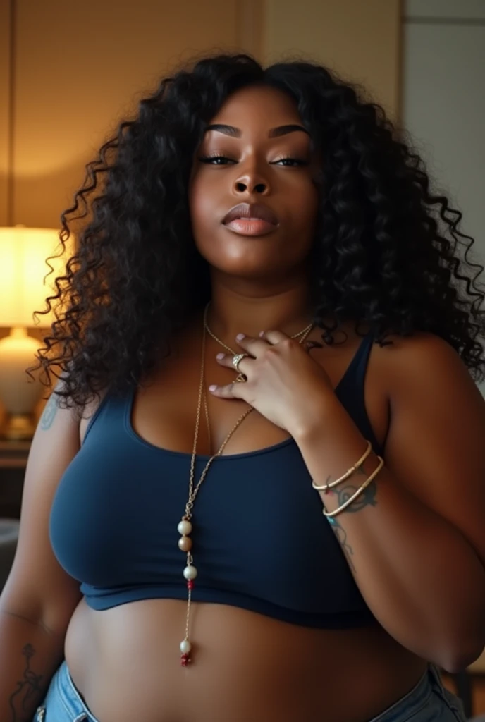 lizzo, a dark skinned big boned woman, full body view, long frizzy hair, long back dress, Sitting on sofa, shy