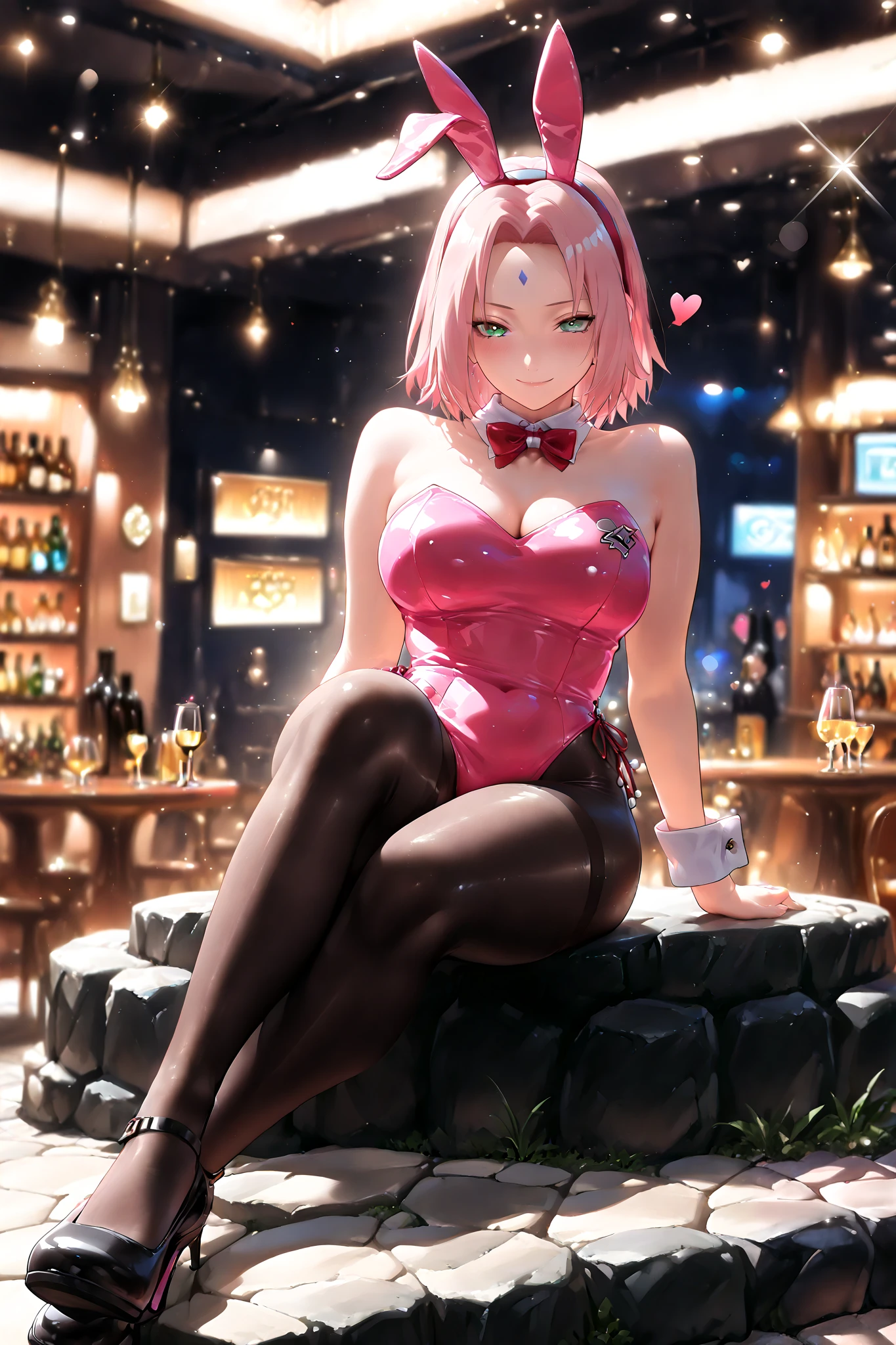 {{masterpiece, best quality, extremely detailed CG, unity 8k wallpaper, cinematic lighting, lens flare}},pink hair,:,,sakuraharuno,(pantyhose:1.2),(looking at viewer:1.2),blue eyes,wide view,full body,sitting,cosplay\(naruto\),thick body,green eyes,stone path,,pantyhose,stockings,haruno sakura,naruto haruno sakura,cosplay, Bunnygirl suit, playboy_bunny,bunny_suit,bunnygirl,pink suit,, half closed eyes, seductive smile, smut, seducing,exposed_legs, heart-shaped_pupils