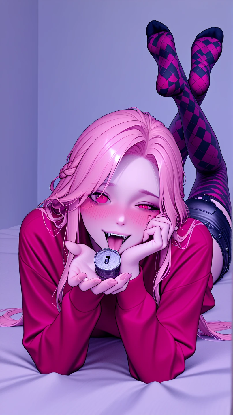Lady, Happy, (Nurse,:1.2), (mature face:1.4), Stockings, Choker, Red Eyes, Pink, White, Detailed Eyes, Big Smile, Teeth, Menacing, Blood tears, Vampire Fangs, Blood from mouth, Sunset, Hospital bed, extremely detailed face and eyes, dynamic shadows, beautiful lighting, absurdes, 4k