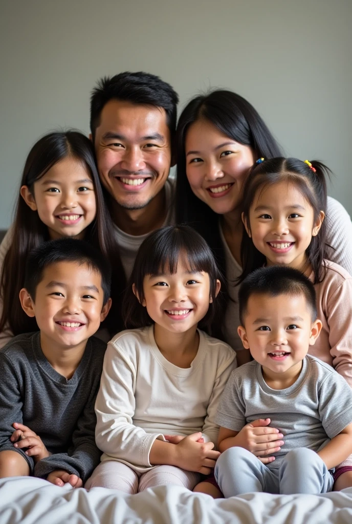 Asian old mom and dad with kids, smile, realistic