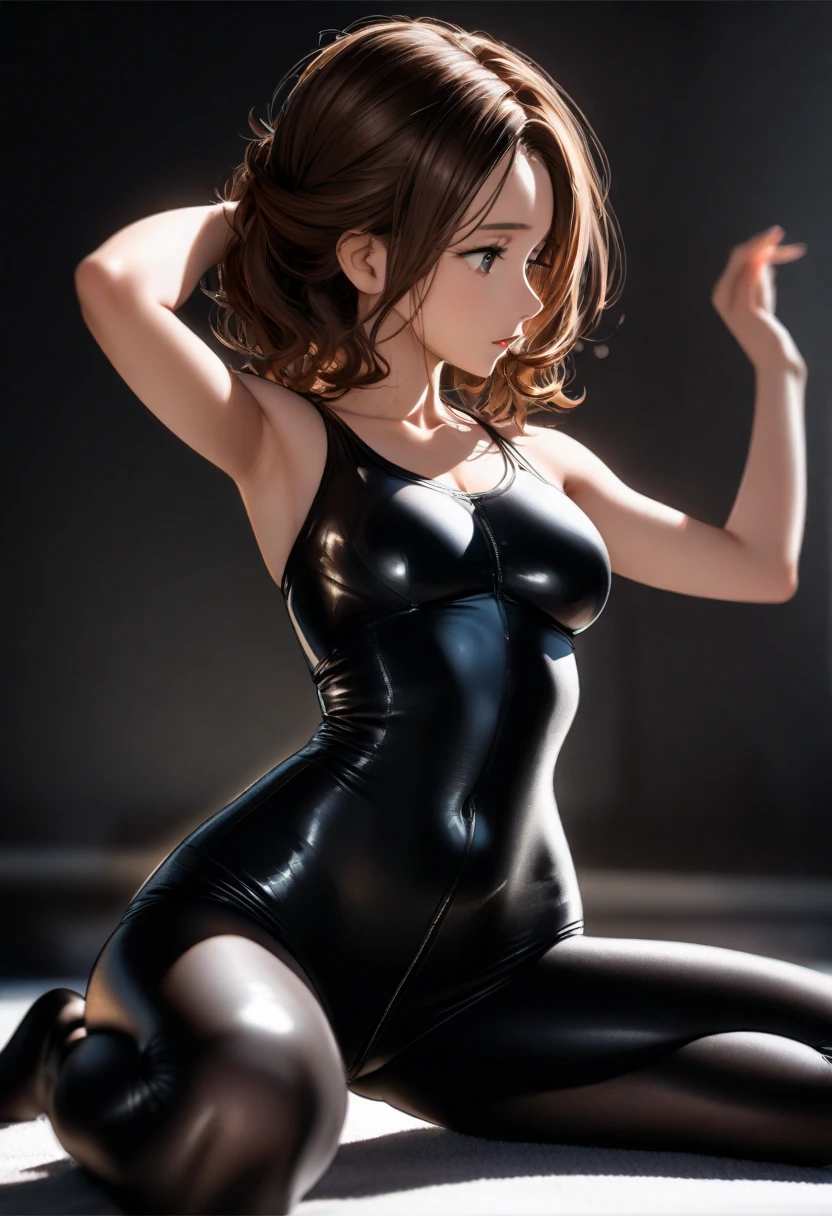 (8k, RAW photo, photorealistic: 1.25), (lip gloss, eyelashes, shiny face, shiny skin, top quality, ultra high resolution, depth of field, chromatic aberration, caustics, broadwriting, natural shading, kpop idol) troubled face, sad face, rhythmic gymnastics, gymnasium, high leg, big, spilling out of flesh-colored leotards, pubic hair visible through flesh-colored , legs open 180 degrees, crotch split, pubic hair, low angle, brown hair, princess cut, midium hair, bangs,