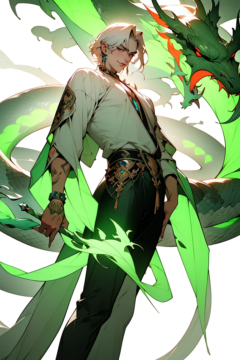 A man in a white robe,Skull in hand,Ancient China,Two green snakes were stepped on under his feet