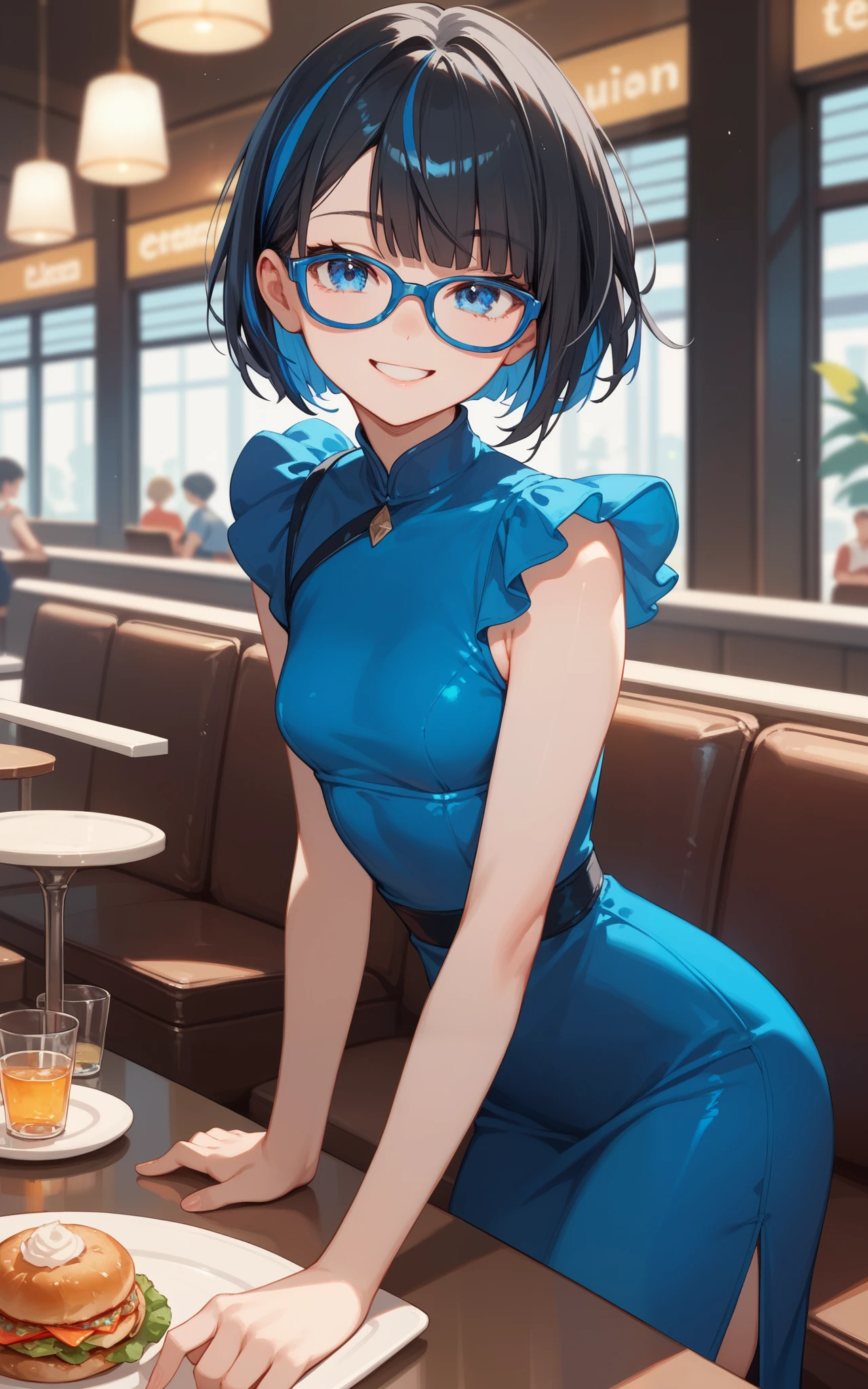 female, black  hair, blue streaked hair, one length hair cut, Blue eyes, Luxury Restaurant, blue glasses, blue dress, Smile, Small Breasts, anime, 