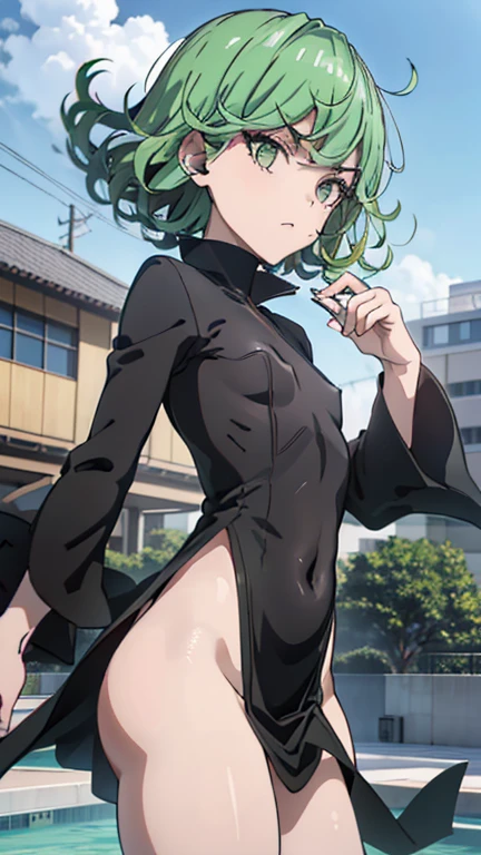 (((pixel-perfect, detail-perfect))), solo, 1girl, tatsumaki, black dress, looking at viewer, nude, (pussy:1.2), no panties, wild lift, arms behind on back, (masterpiece:1.2), best quality, high resolution, unity 8k wallpaper, (illustration:0.8), (beautiful detailed eyes:1.6), extremely detailed face, perfect lighting, extremely detailed CG, (perfect hands, perfect anatomy),