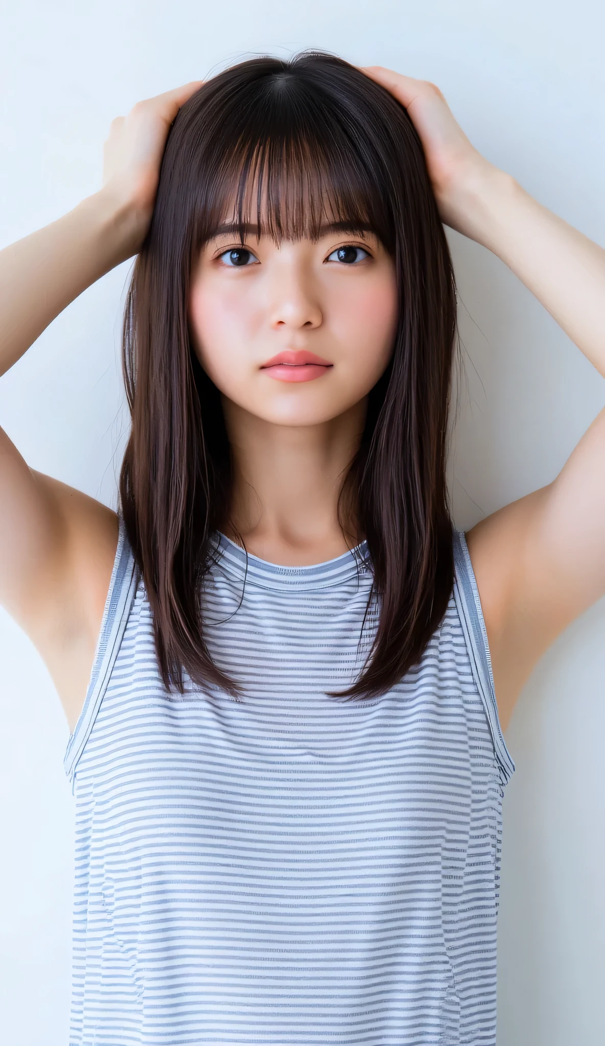 high resolution pictures of this young Japanese woman , intricate details, very detailed, Sharp Focus , PROFESSIONAL LIGHTING, alone, one of the best girls, natural makeup , pale skin, fine skin, ( small head walking on the street, Xiaoyan) , detailed face, detailed eyes , sophisticated nose, ( airplane :1.4), slim thin body , thin waist, thin legs, Seductive poses with sensual expressions for gravure photography,
( sweaty sleeveless shirt covered by standing nipples, striped thong, covers nipples ), ( is standing, arms raised, armpits with your entire arm and spread to cover :1.2), ( in a middle school classroom , staring at camera ),
indoor, Home,