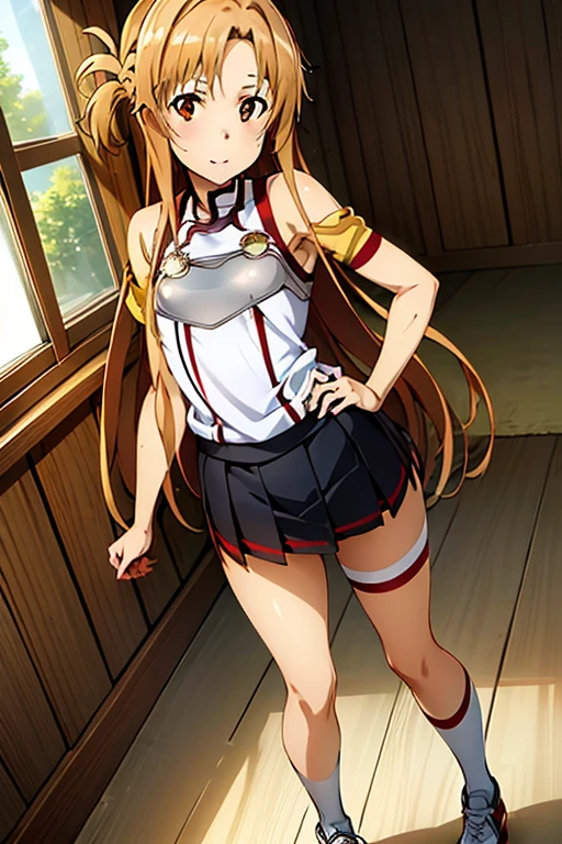 1girl, solo, masterpiece, best quality, 8k wallpaper, asuna, yuuki asuna, Sword Art Online, ecchi anime style, anime moe art style, marine kitagawa fan art, pixiv, 3dcg, seductive anime girl, anime best girl, anime goddess, popular on pixiv, Beautiful charming anime teen, white panty, skirt lift by myself, smile,, kotbo, white gloves, white uniform, white boots, red skirt, red straps, thin sword