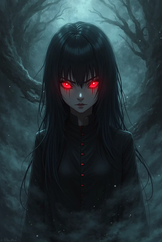 (masterpiece), best quality, highly detailed, expressive eyes, perfect face, horror, 1 girl, red eyes, toned skin, (black sclera:1.4), long straight hair, (black hair:1.1), black turtleneck nude, small breasts, rooftop, wicked smirk, crazy expression, insane, (night:1.3), perfecteyes eyes, waist apron, shiny skin, , perfecteyes