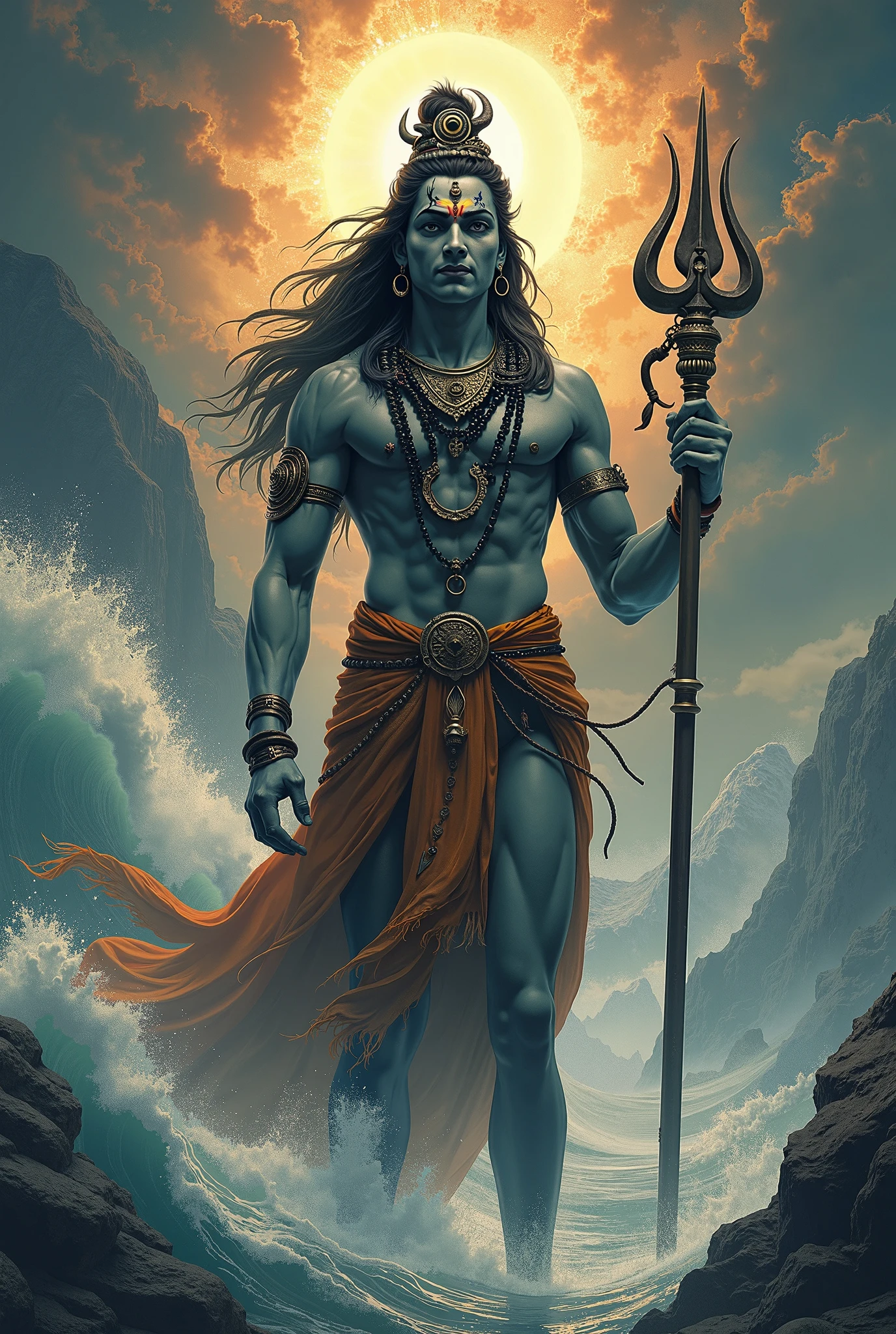 close-up drawing of a man, sitting on a pond, God of the Sea, The sea and the storms beyond it, The God of the Ocean, god Shiva the destroyer, A Dramatic Work of Art, cyborg hindu god, greek god, Shiva, God Poseidon, Concept -art of God, Genie-human hybrid, genie man man demon