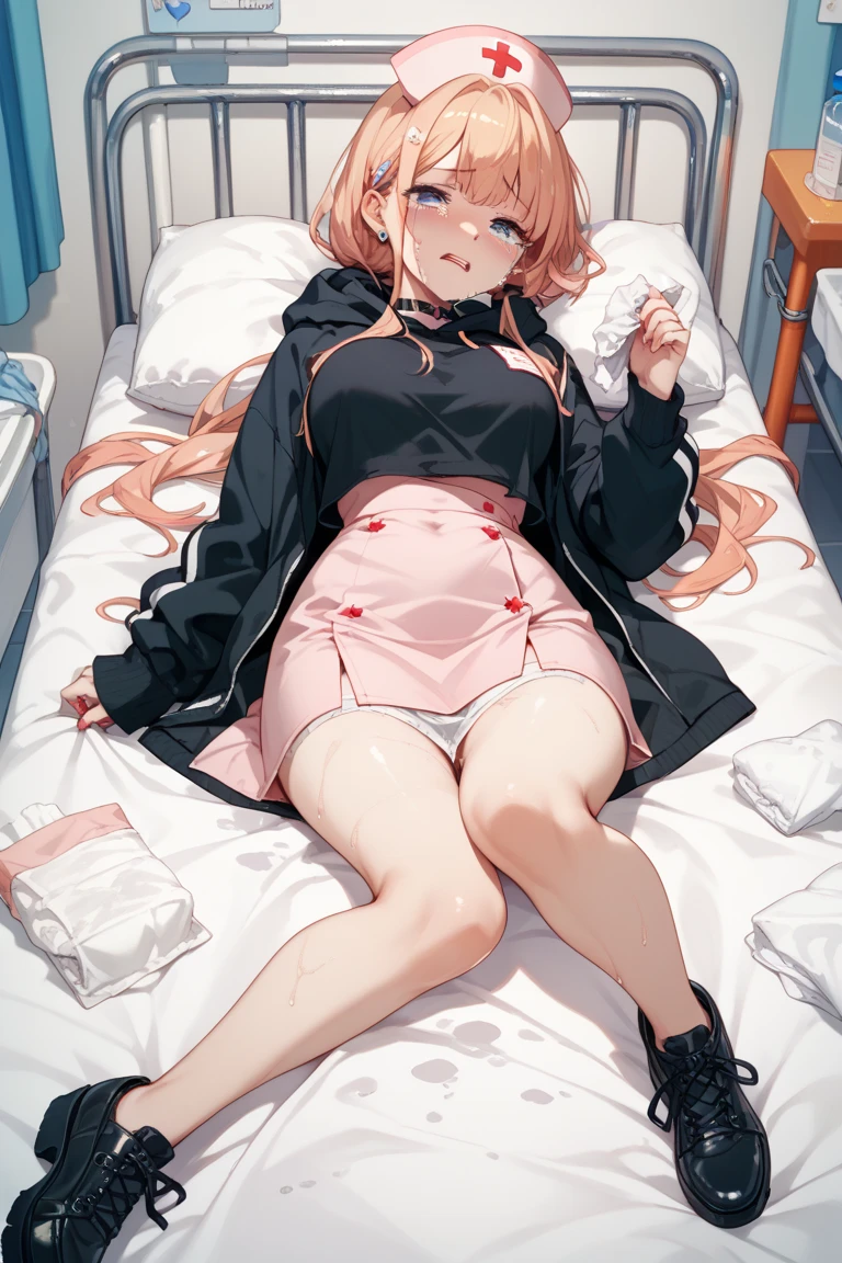 Beauty all over the body,Long legs,Tall and tall, in red sweater,black lence stockings,athletic sneakers,a skirt,sitting on bed, tentacles around her, latching onto hrr